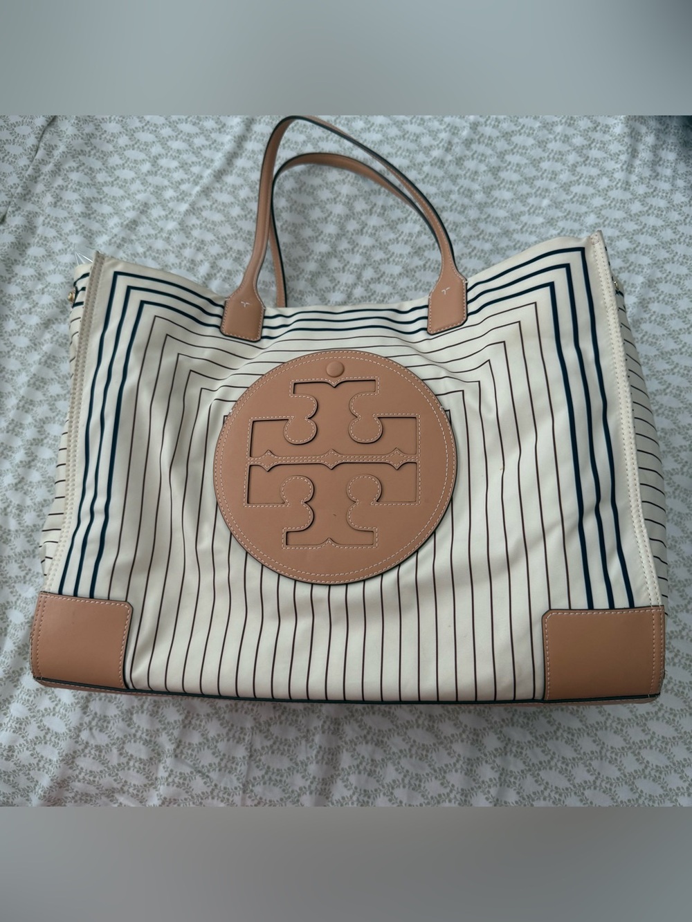 Tory Burch Cream and Tan Striped Large Logo Tote